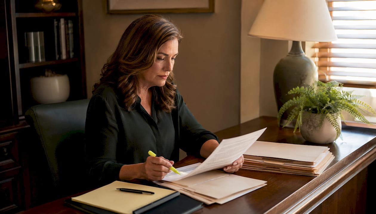 Woman reviewing legal injunction documents at home desk