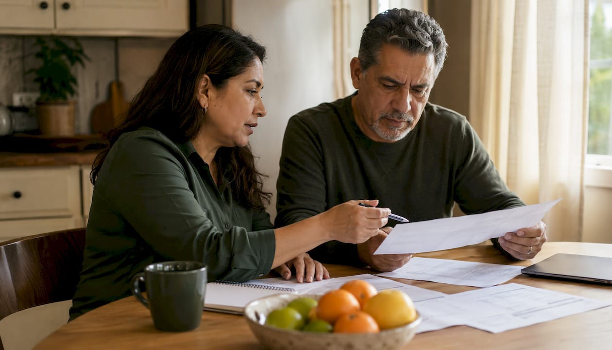 Couple discussing property division documents at home