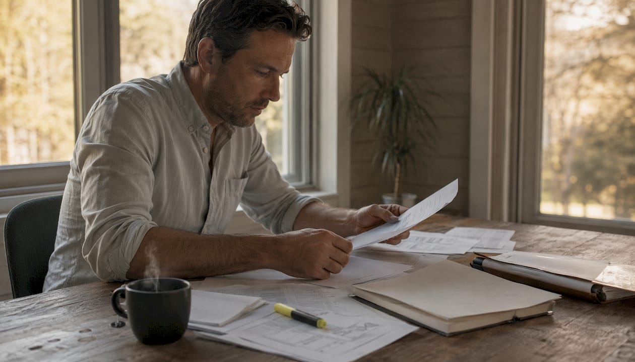 Man organizing divorce documents at home table