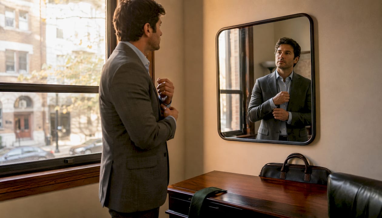 Man adjusting tie preparing for court day