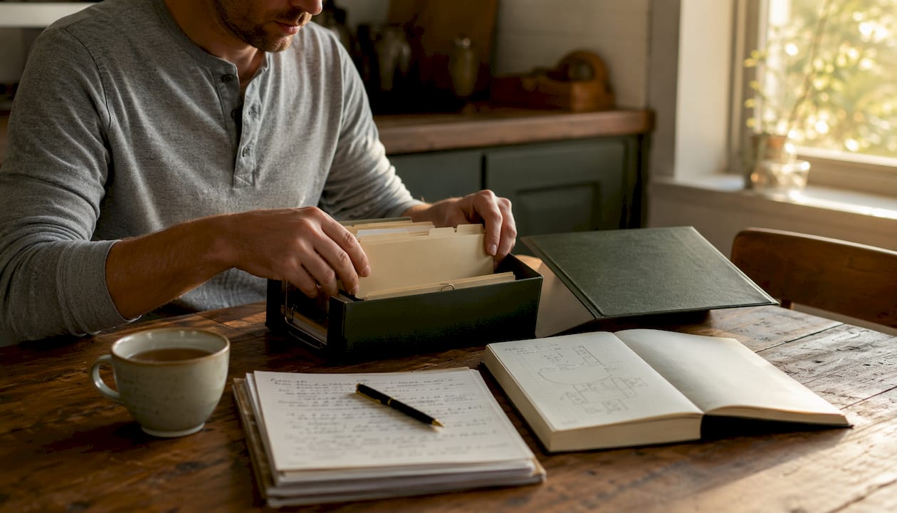 Hands assembling trial notebook with legal documents