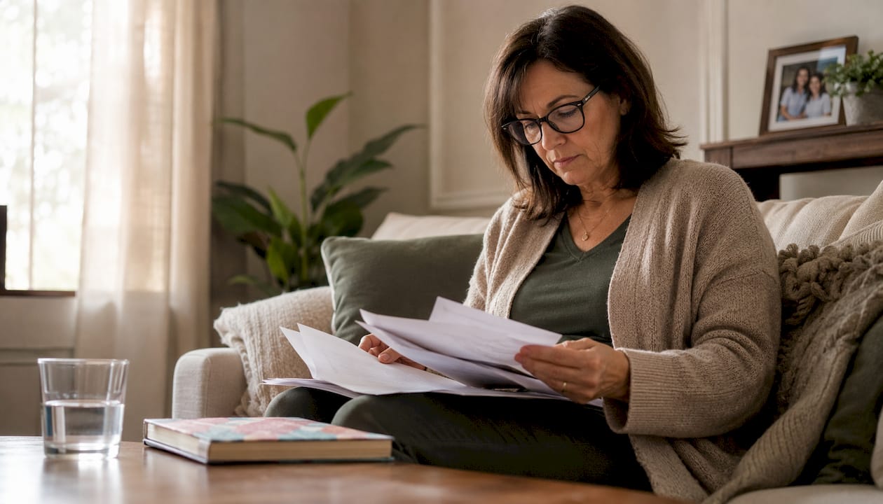 Woman organizing divorce papers at kitchen table
