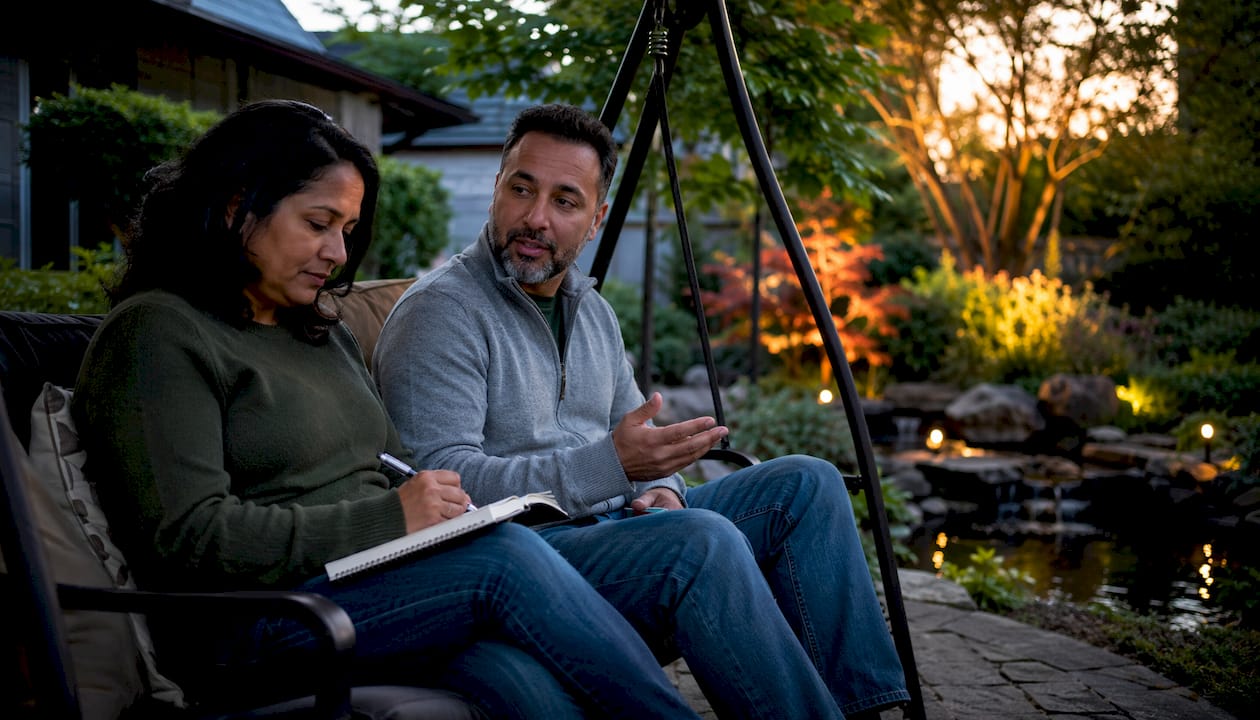 Couple discussing mediation outdoors on park bench