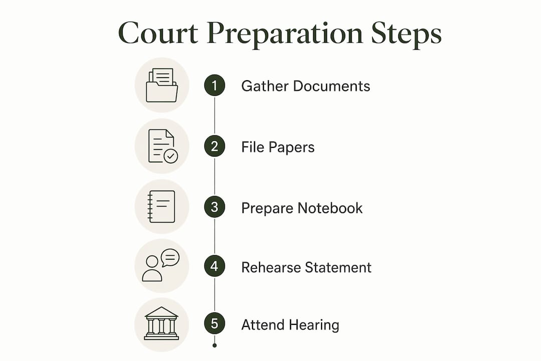 Infographic showing steps to prepare for divorce court