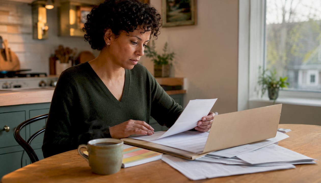 Woman organizing post-divorce documents at table