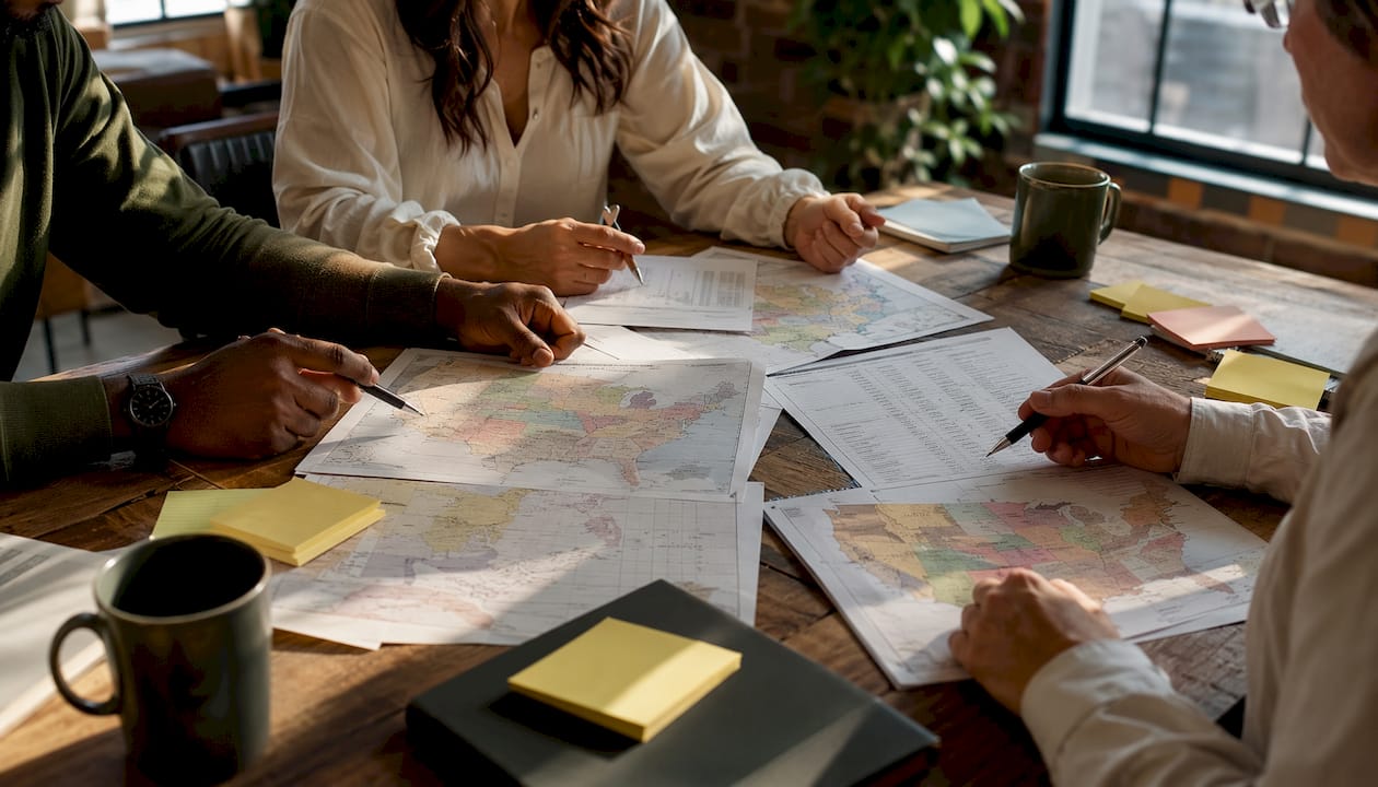 Hands pointing at state divorce law maps and documents