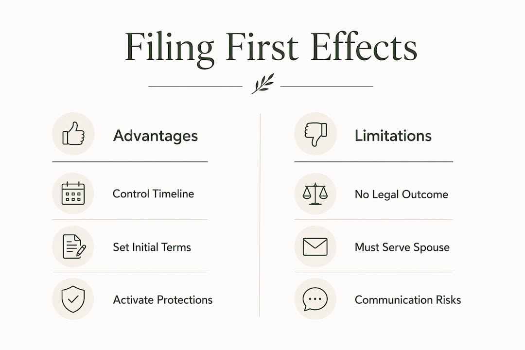 Infographic showing advantages and limitations of filing first in divorce