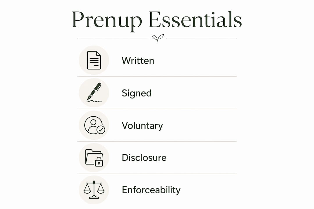 Infographic showing prenuptial agreement essential requirements