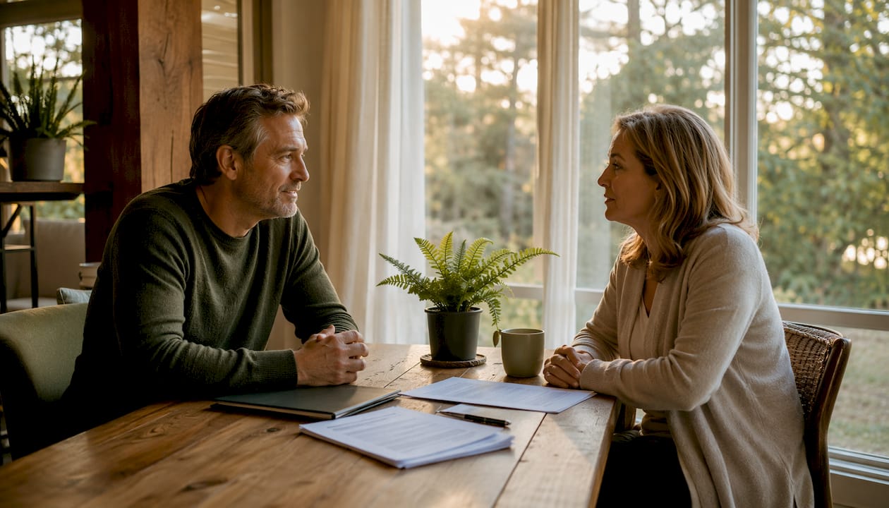 Couple calmly negotiating divorce terms at home