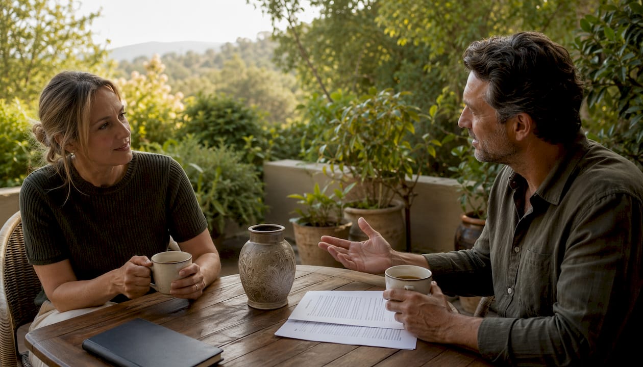 Couple reviewing divorce pathway brochures at café table