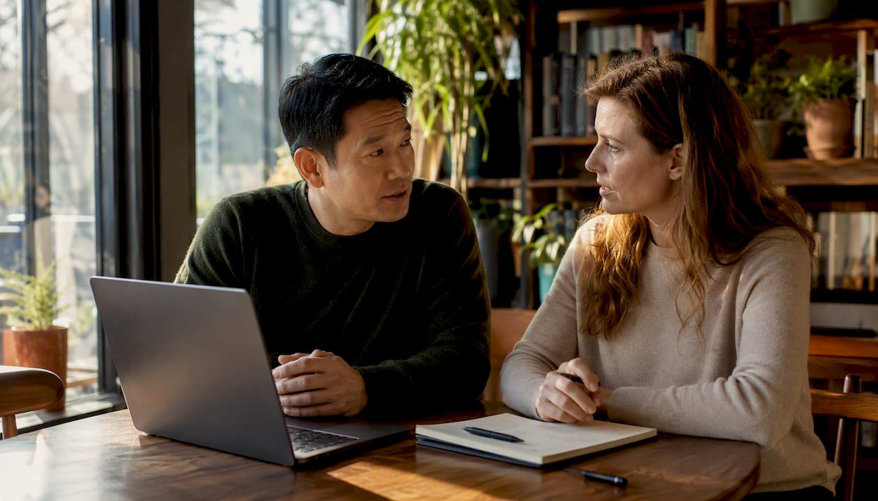 Couple discussing divorce options with laptop