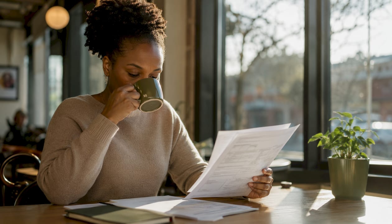 Woman reviewing divorce documents at desk