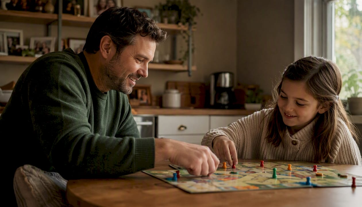 Father and daughter playing game during weekday visit