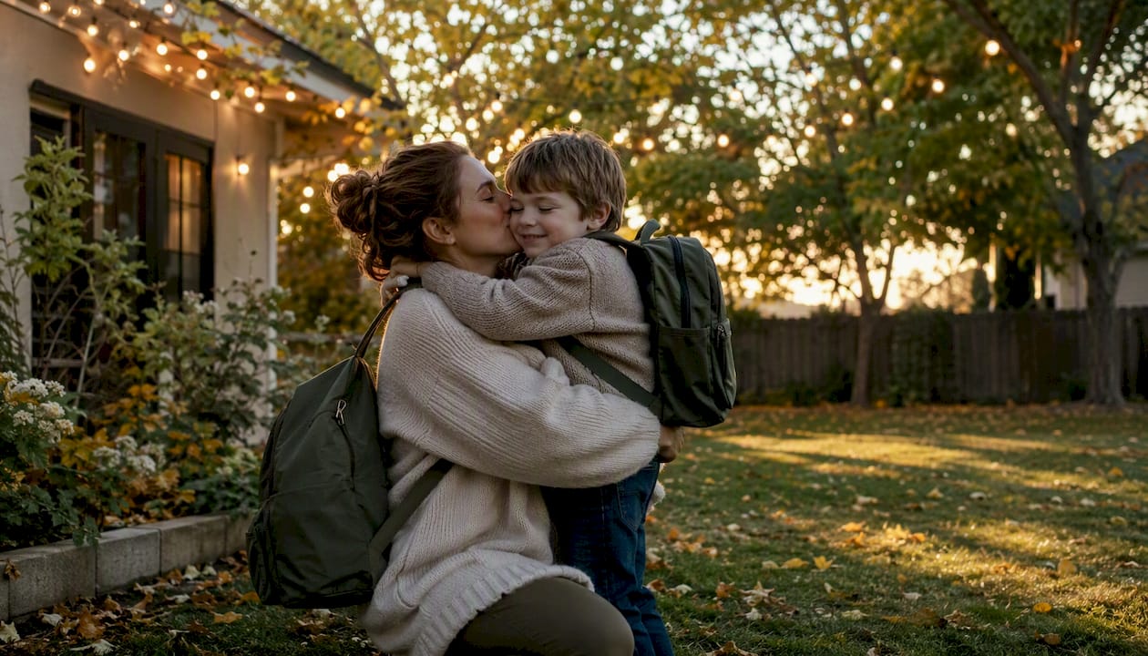 Mother and son hugging during holiday parent-time exchange