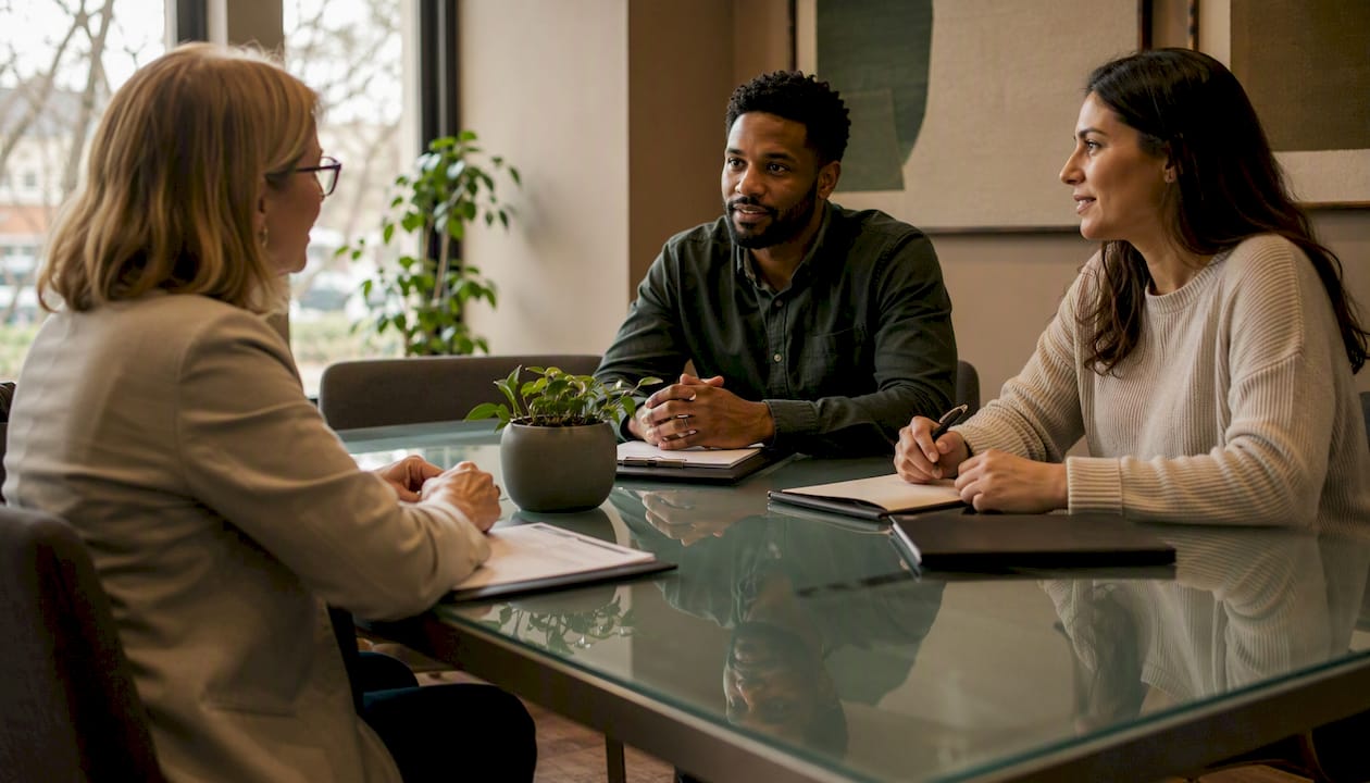 Mediator facilitating divorce discussion with couple