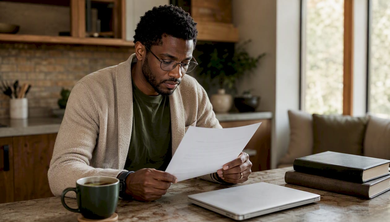 Man reviewing custody evaluator qualifications at home office