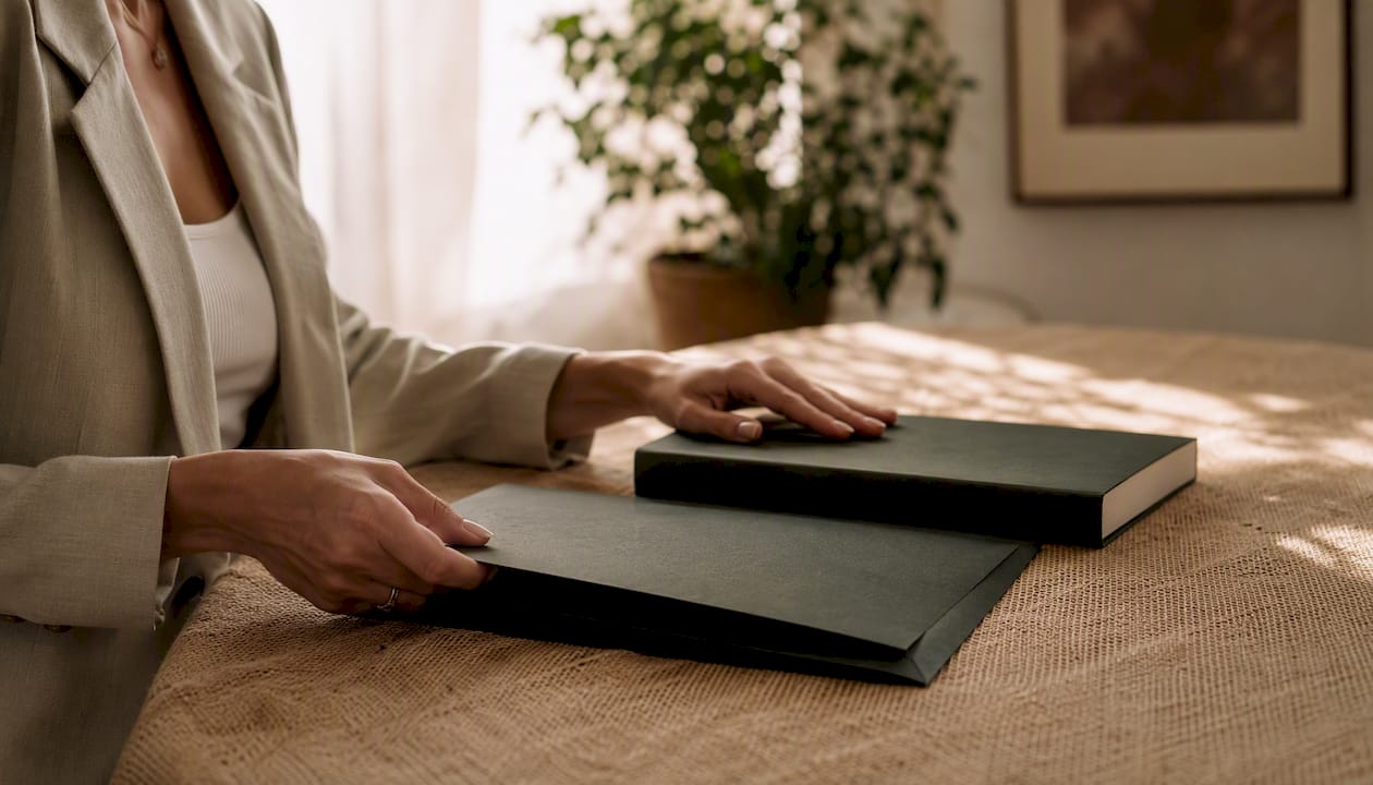 Legal hands organizing folder in law office