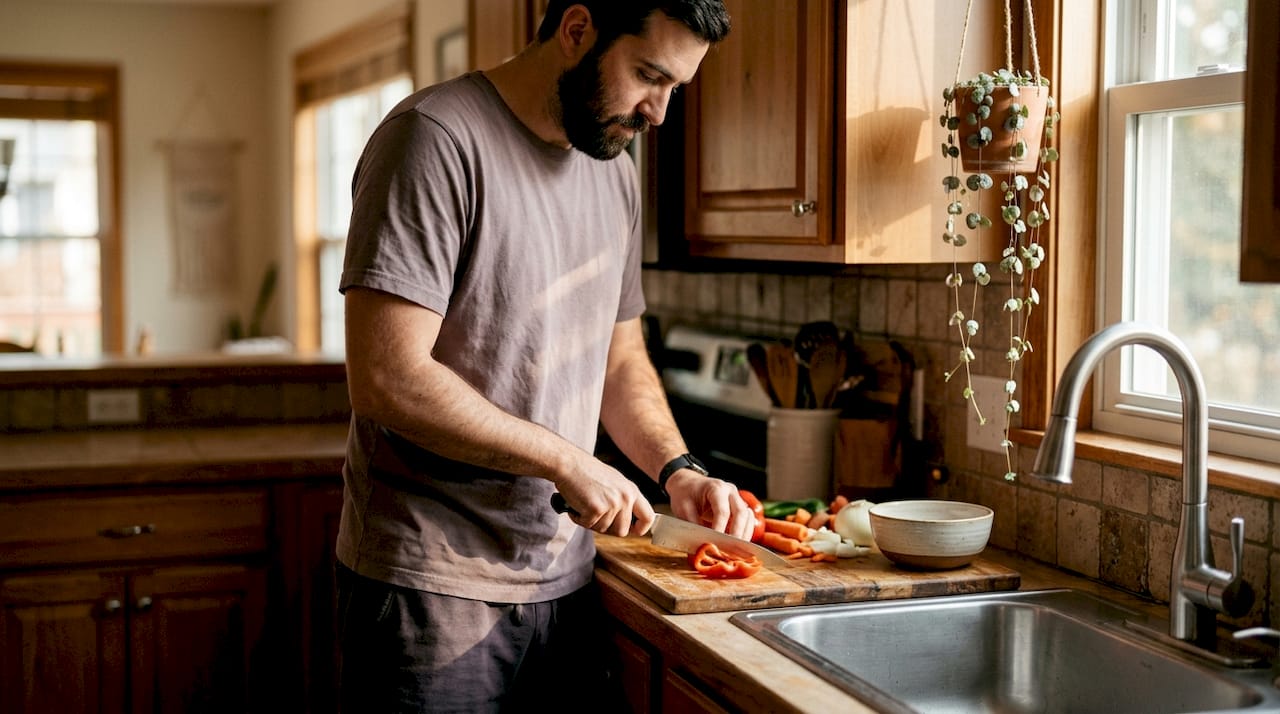 Man preparing food at L-shaped kitchen corner counter