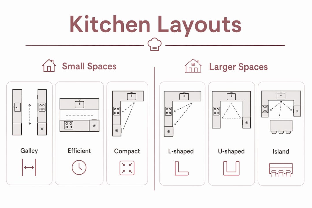 Infographic comparing small and large kitchen layouts