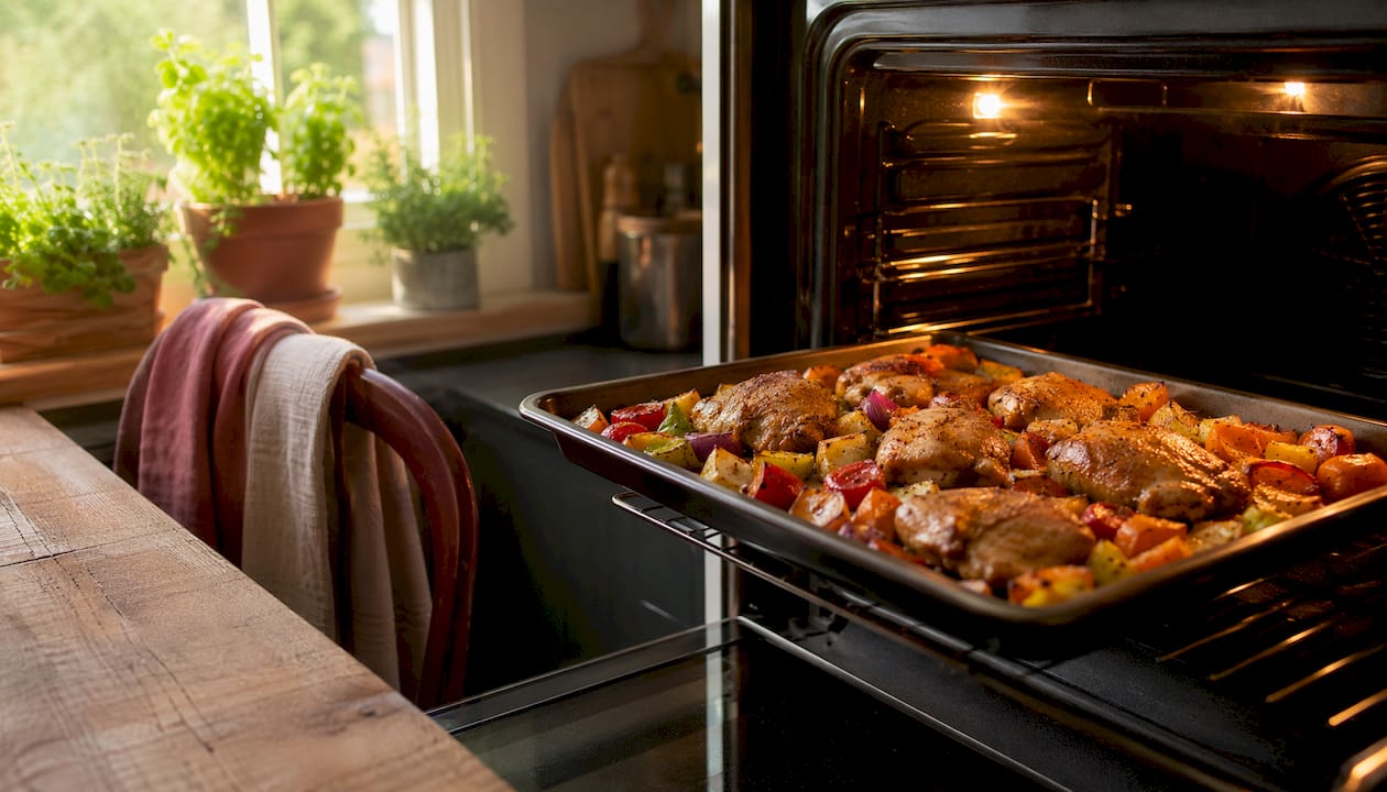 Sheet pan chicken and vegetables roasting in oven