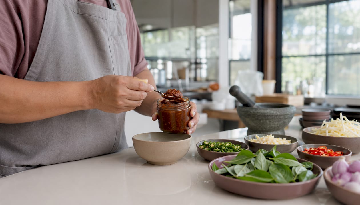 Hands measuring Thai curry paste with spoon