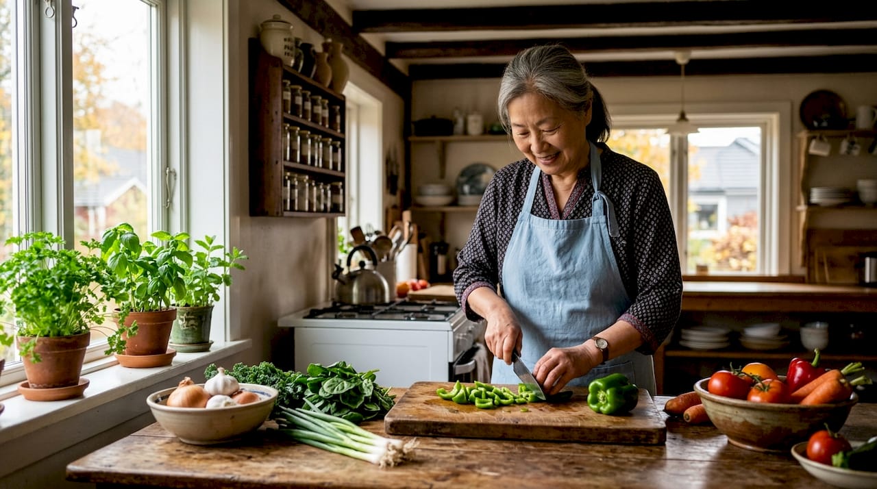 Senior woman chopping vegetables in kitchen