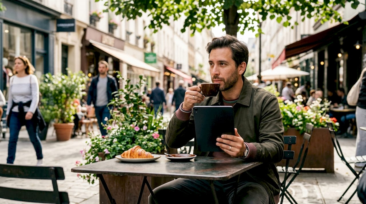 Man reading cooking app review at café table