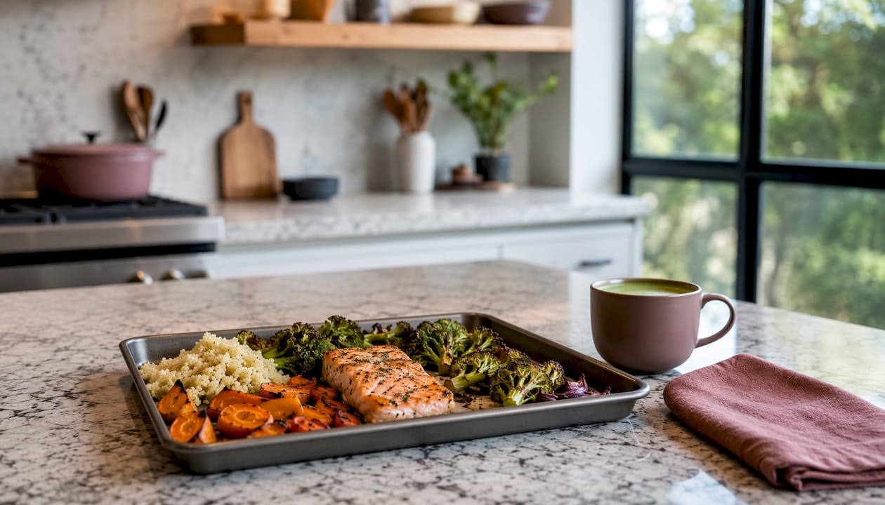 Overhead view of one-pan salmon dinner