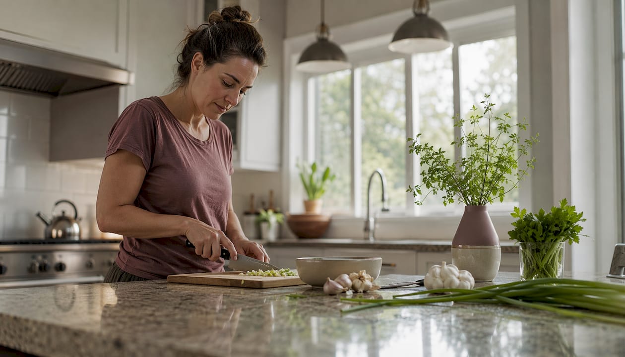 Person chopping vegetables in home kitchen
