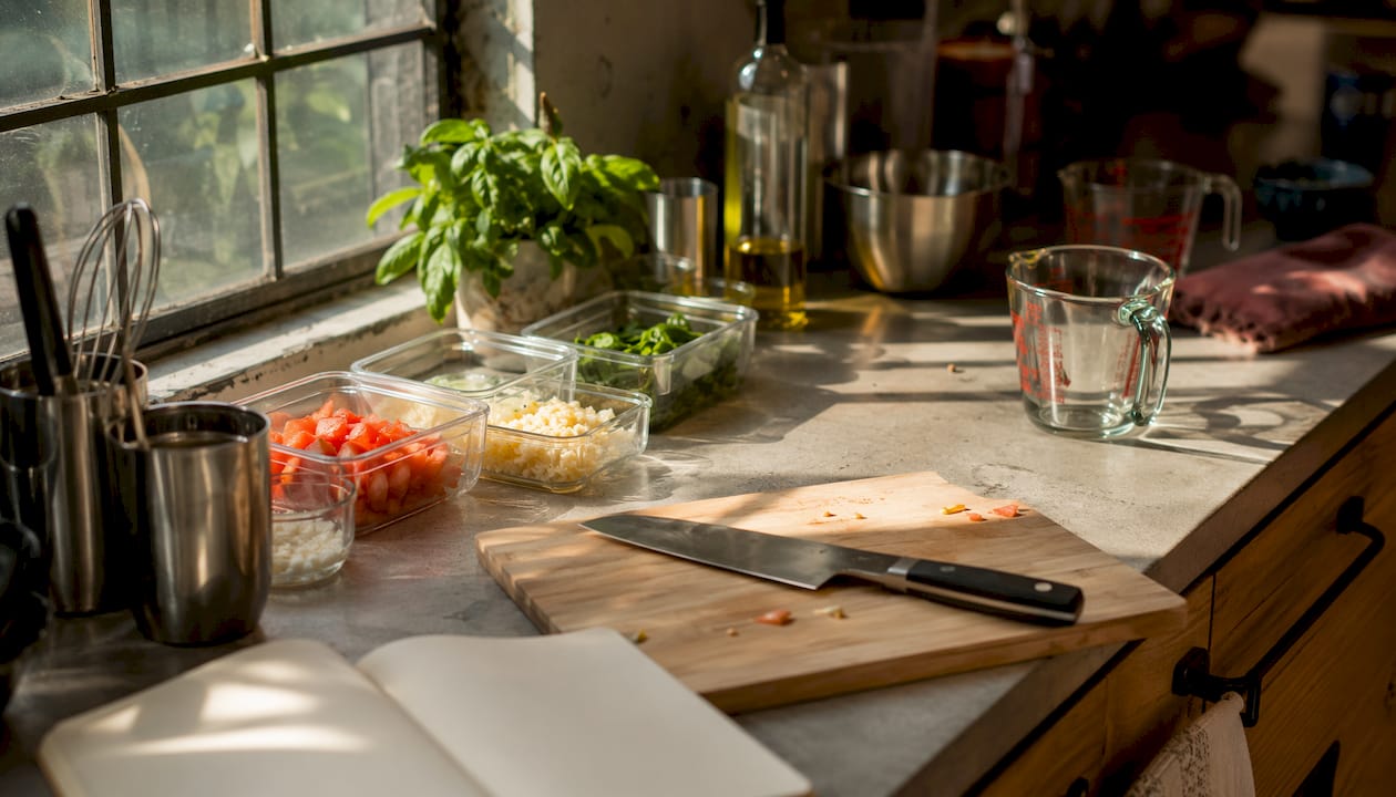 Overhead view of organized cooking prep station