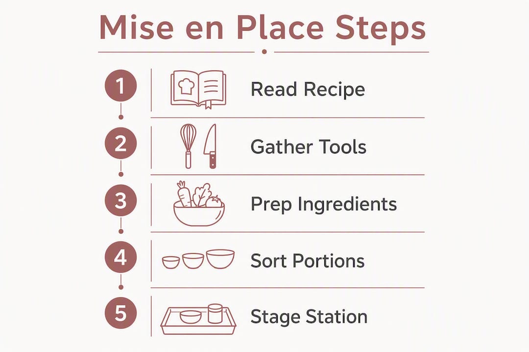 Infographic showing five steps of mise en place process