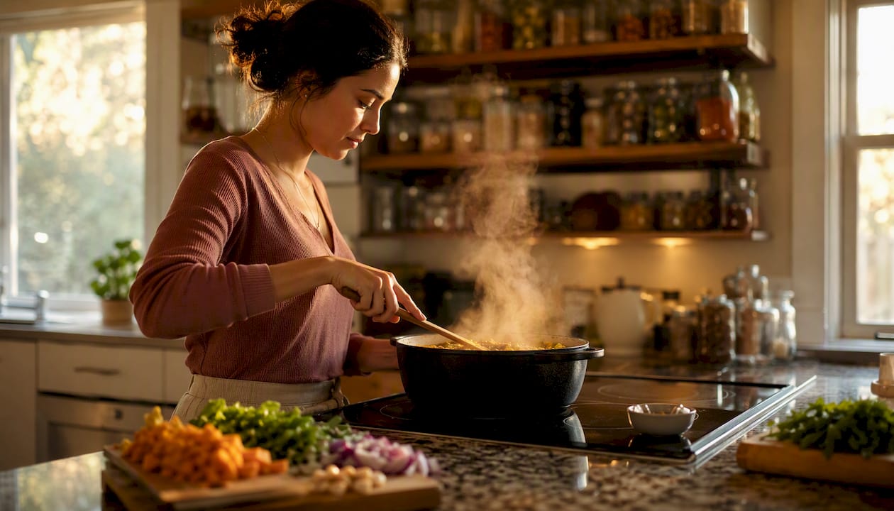 Woman cooking one-pot meal in kitchen