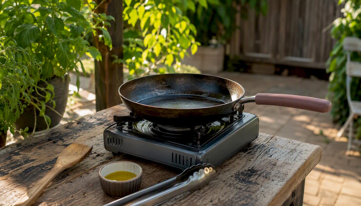 Skillet with cooking spatula and tongs