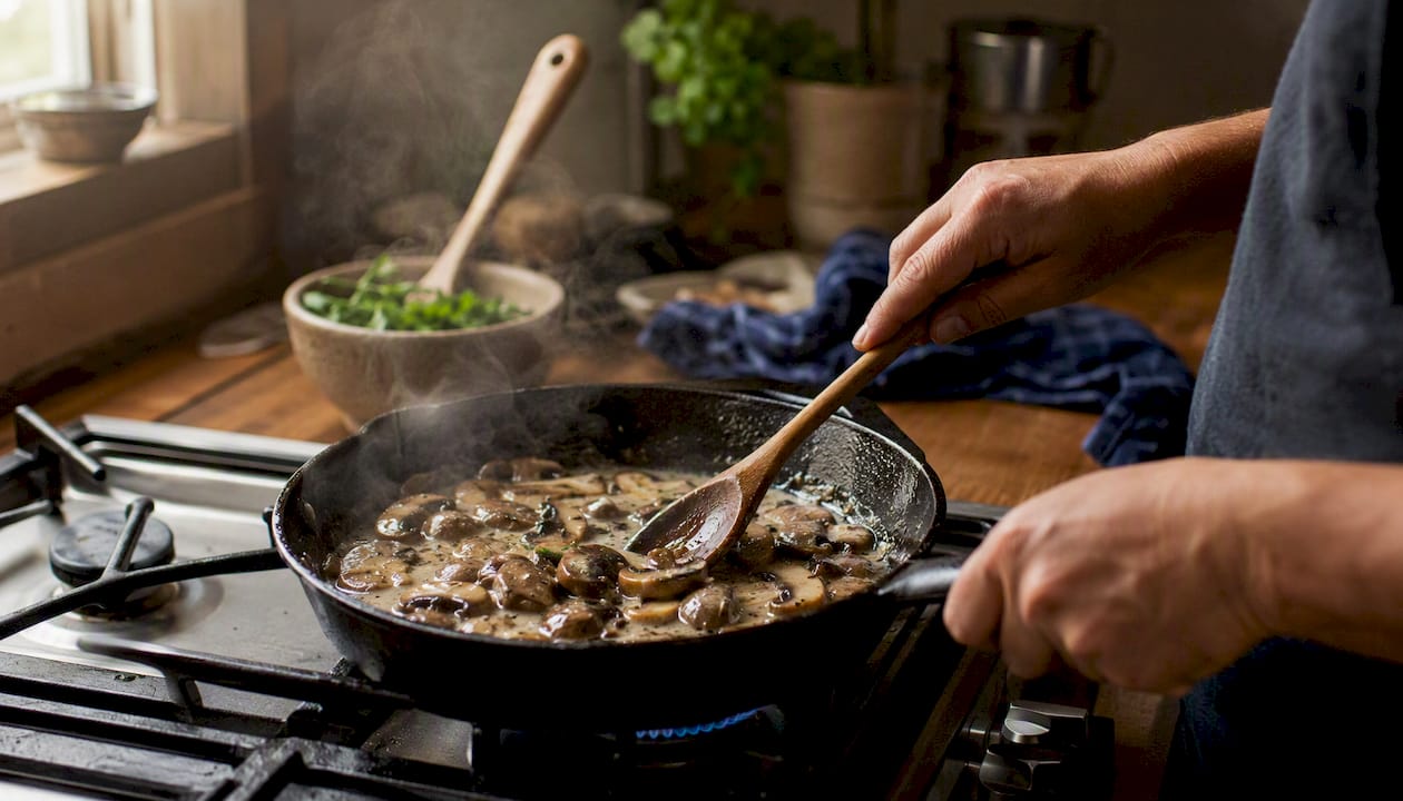 Hands cooking mushroom garlic butter sauce