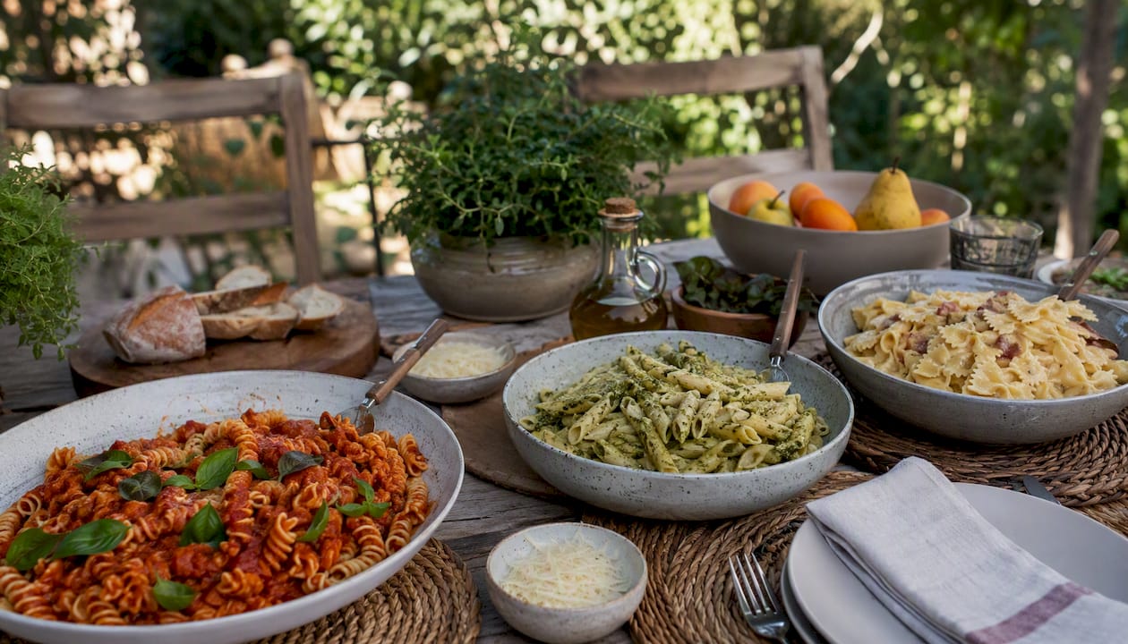 Different pasta shapes paired with sauces