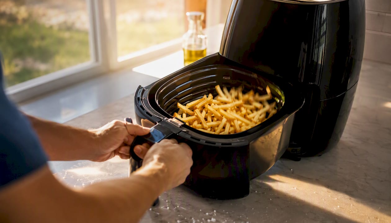 Hands shaking basket of fries in air fryer