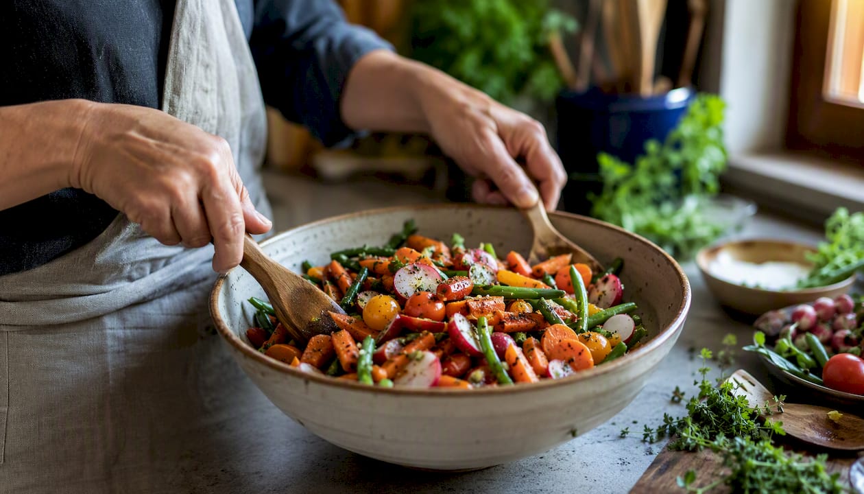 Hands tossing vegetables in oil for air fryer