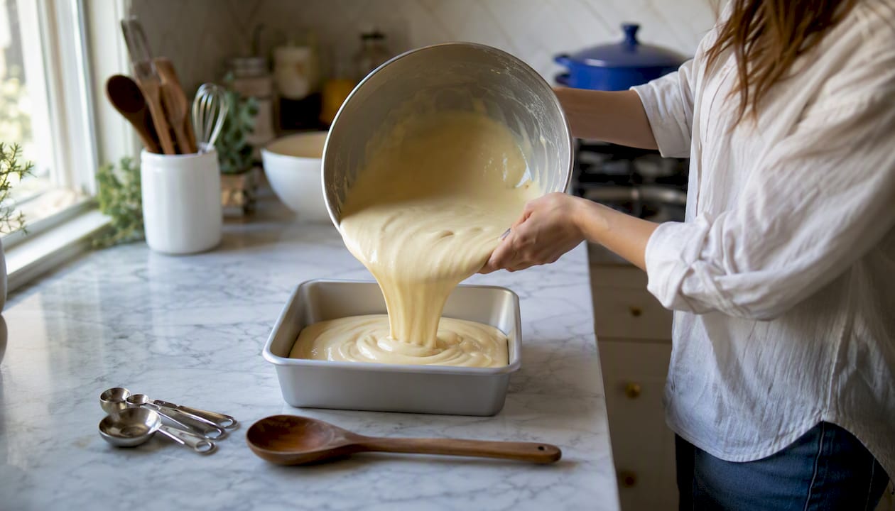 Pouring cake batter into pan
