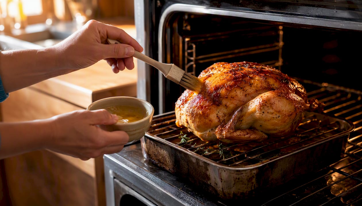 Hands basting roasting whole chicken
