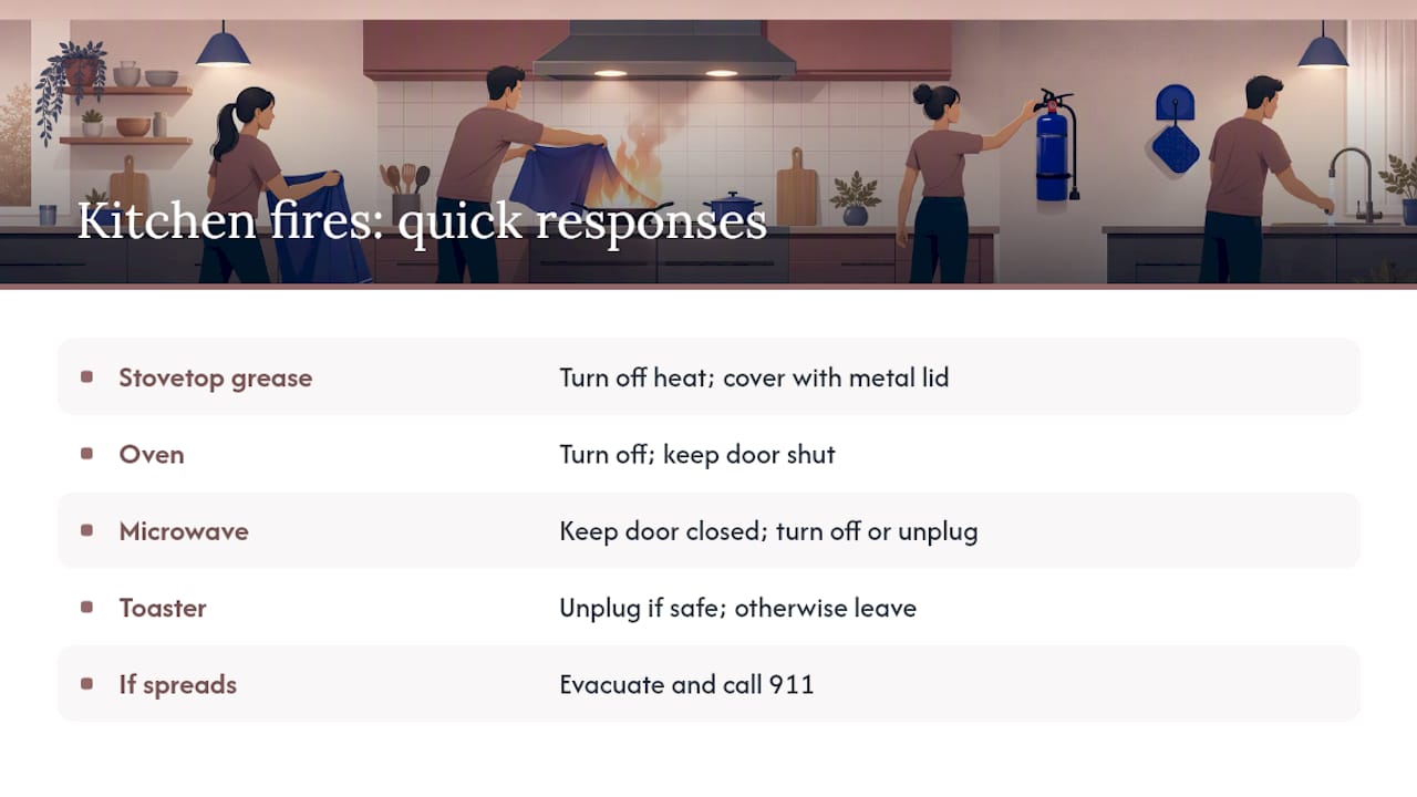 Diagram comparing kitchen fire types and responses