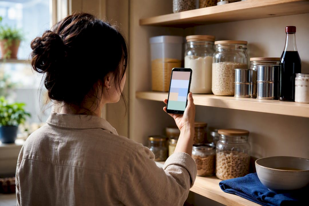 Person photographing pantry before grocery shopping