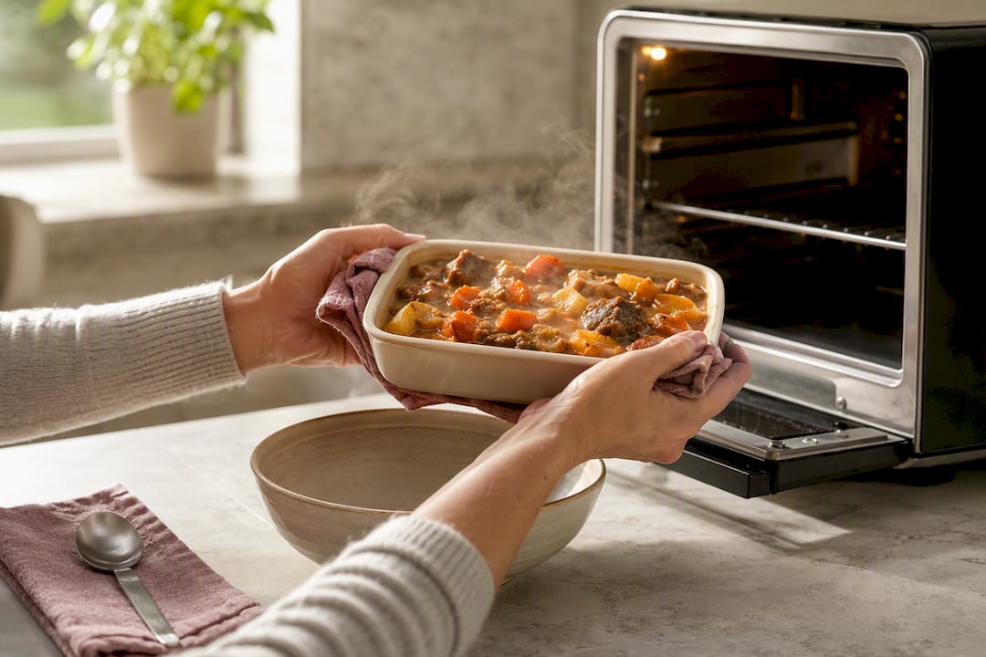 Hot freezer meal transferred into serving bowl