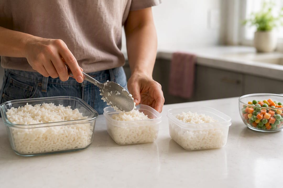 Hands portioning cooked rice into freezer containers