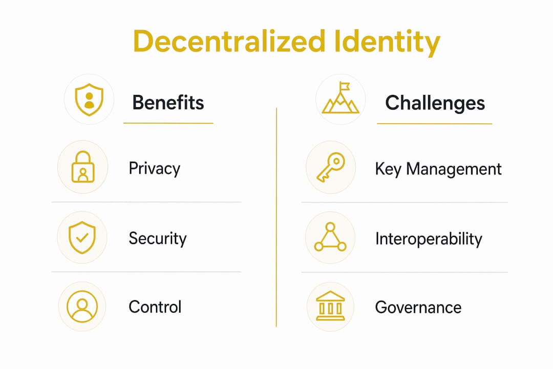 Infographic illustrating benefits and challenges of decentralized identity