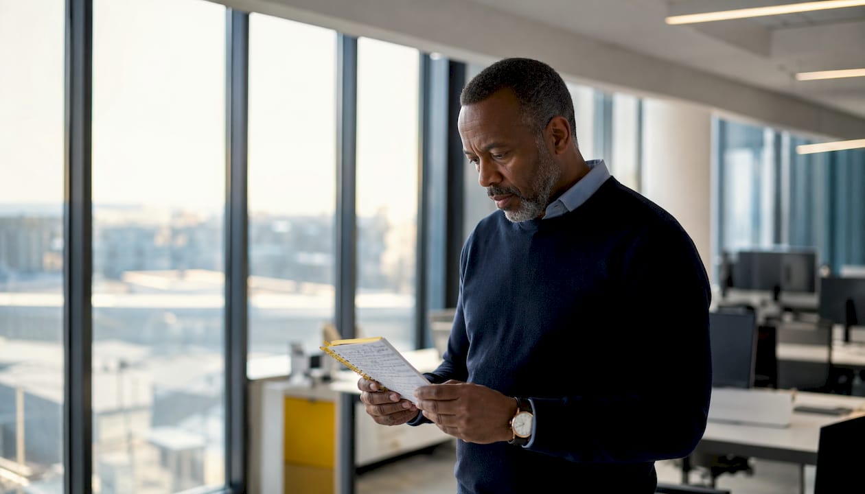 Data scientist reviewing notes in server room