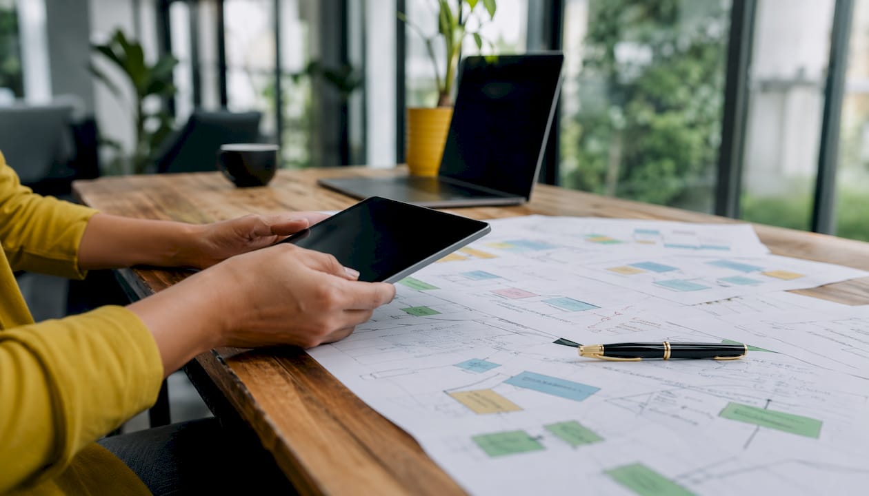 Hands holding tablet near data validation notes