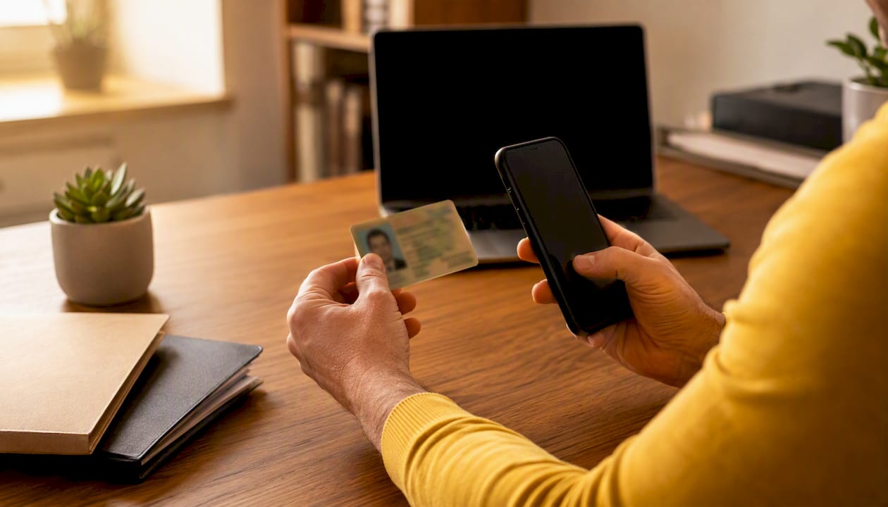 Hands scanning driver's license with smartphone camera