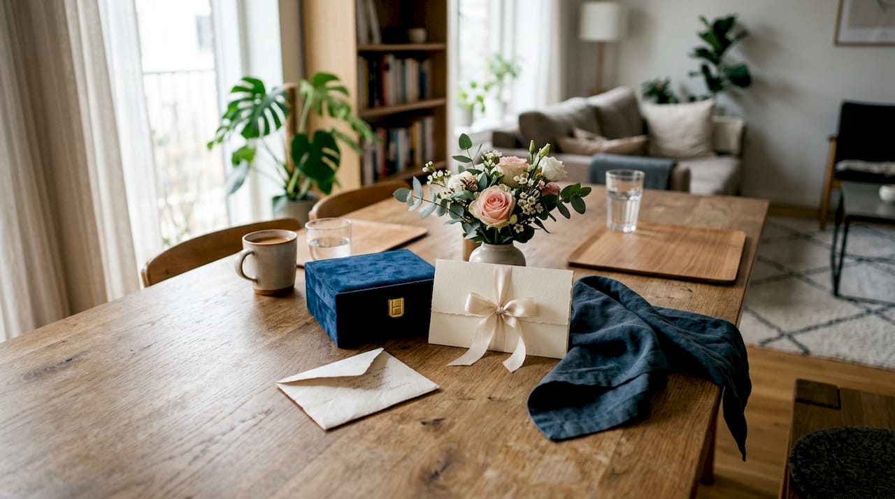 Ein edles Geburtstagsgeschenk, liebevoll arrangiert neben einem frischen Blumenstrauß auf dem Nachttisch – so beginnt der Tag mit einer besonderen Überraschung.