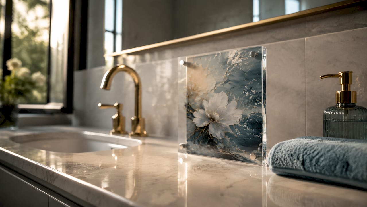 Nahaufnahme eines Acrylglasbildes, das auf der Badezimmerablage steht.