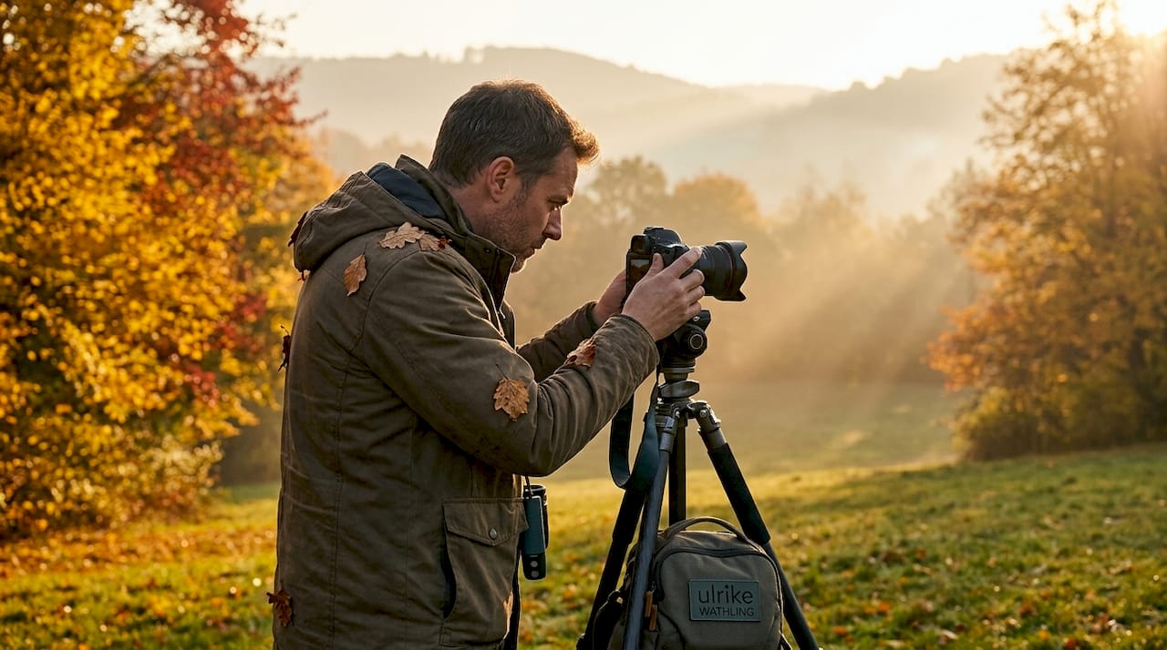 Ein Fotograf fängt die warmen Lichtstrahlen der goldenen Stunde in einem herbstlichen Wald ein.